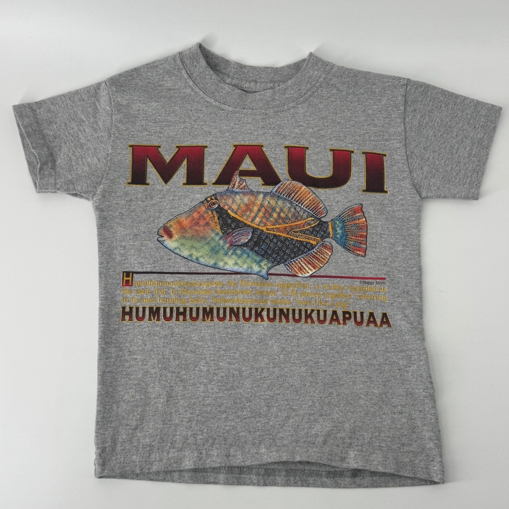 Hanes Maui Hawaii Humuhumunukunukuapuaa Fish Gray Graphic T-Shirt Kids YXS